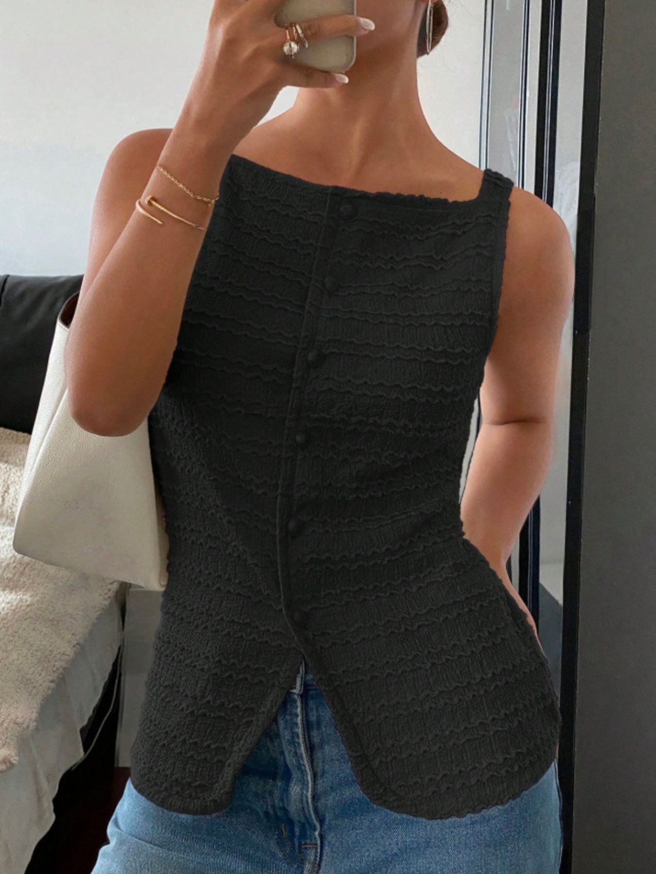 Textured Button Front Tank