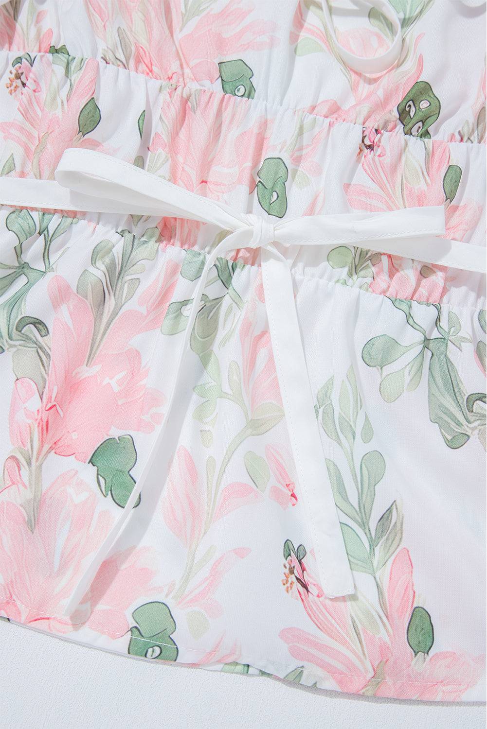 Pink Floral Puff Sleeve V Neck Tied Front Peplum Blouse