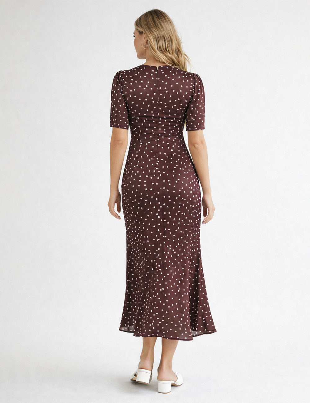 Chic Polka Dot Lace Trim V Neck Short Sleeves Maxi Dress