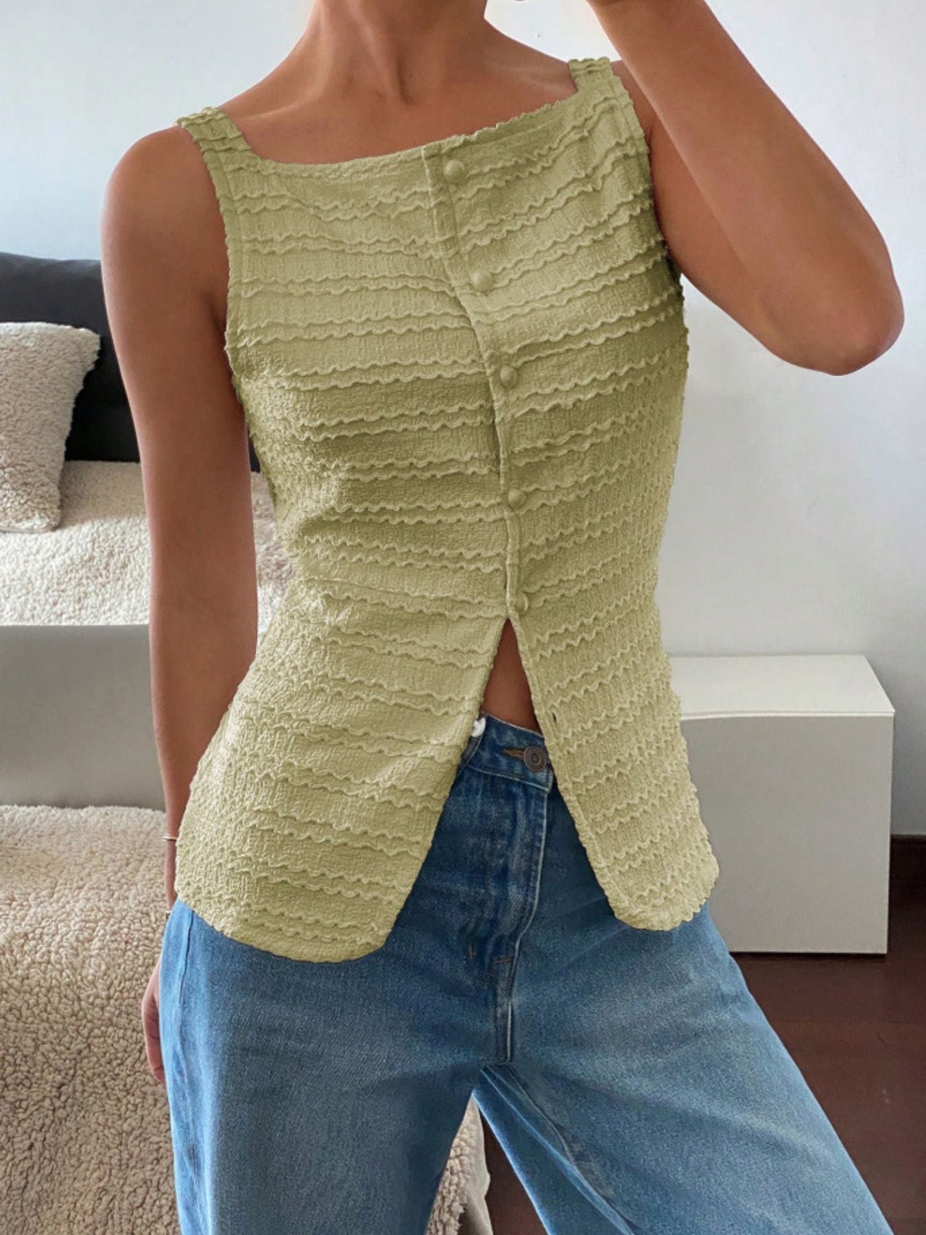 Textured Button Front Tank