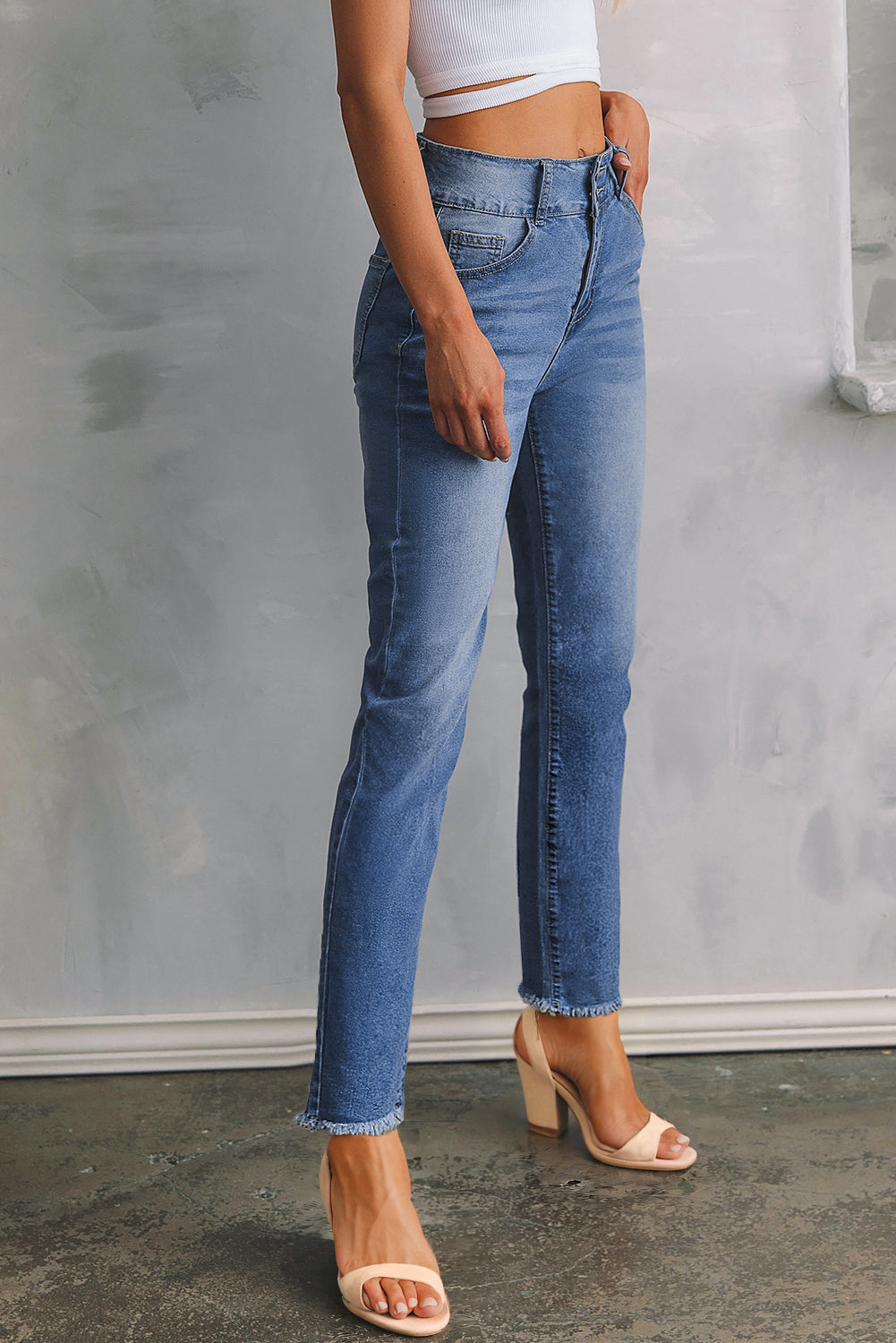 Slim Raw Hem Button Double Fit Jeans