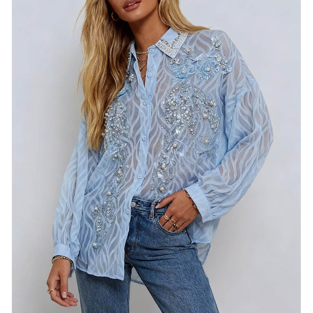 Chic Bead Shirt Collar Lantern Sleeves Jacquard Blouse