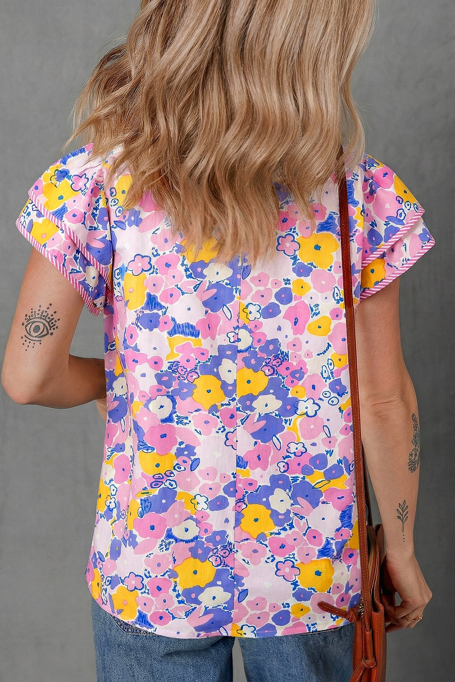 Pink Playful Floral Print Striped Color Block Patchwork V Neck Flutter Sleeve Blouse