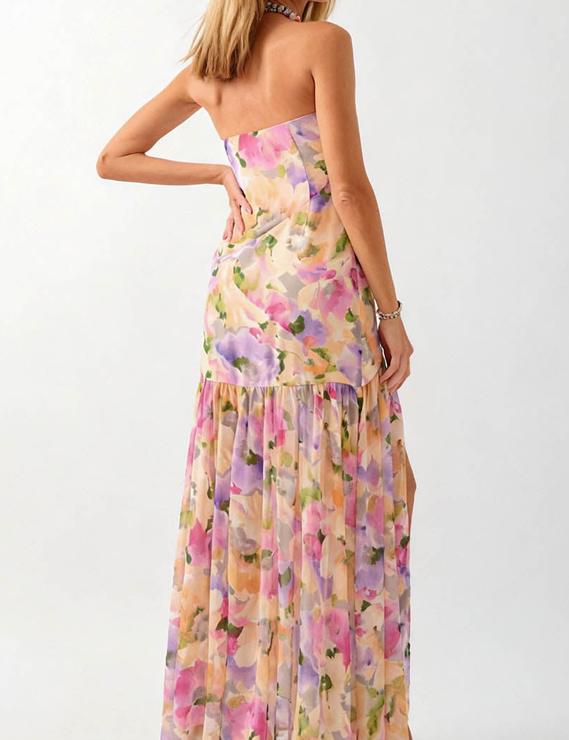 Strapless Watercolor Chiffon Side Slit Maxi Dress