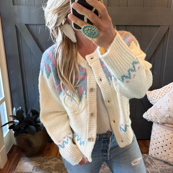 Relaxed Fair Isle Chunky Knit Button Front Oversized Cardigan