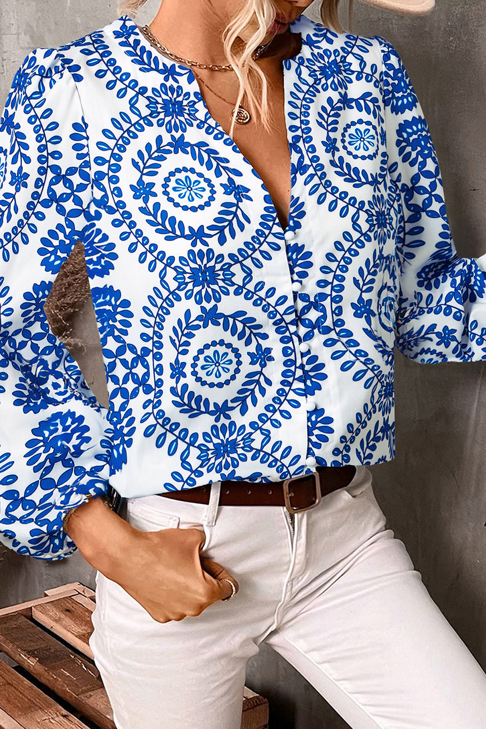 Floral Geometric Print V-Neck Shirt Blouse