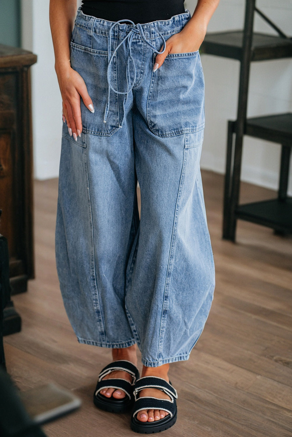 Barrel Drawstring Patch Pocket Myosotis Large Jeans
