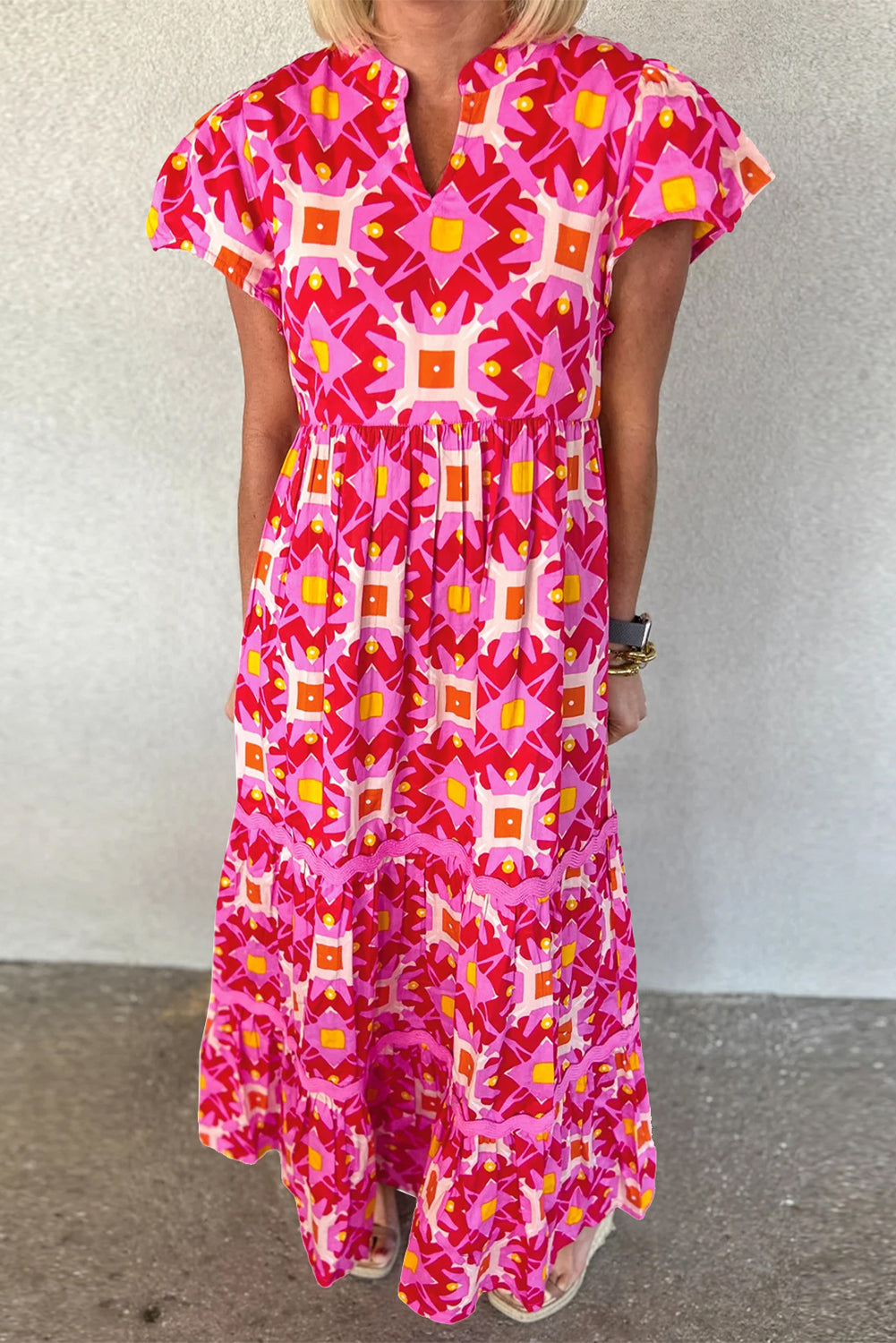 Strawberry Geo Print V-neck Maxi Dress