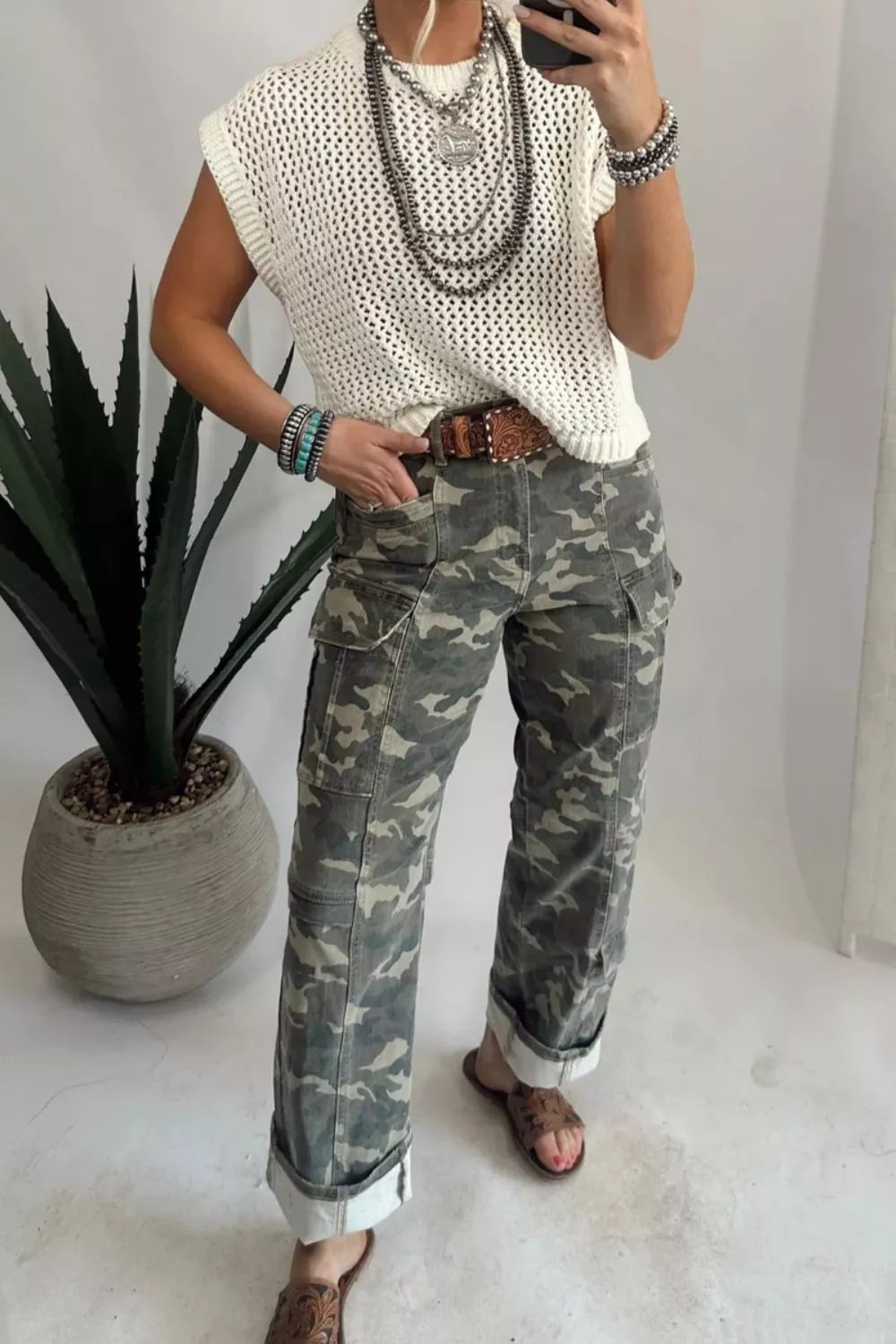 Camouflage Print Pocketed Womens Denim Pants