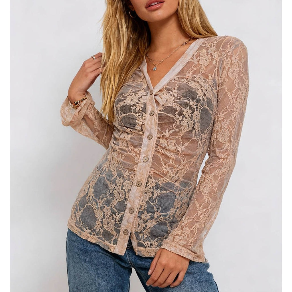 Romantic Sheer Lace V Neck Long Sleeves Blouse