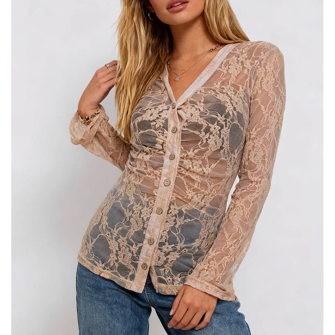 Romantic Sheer Lace V Neck Long Sleeves Blouse