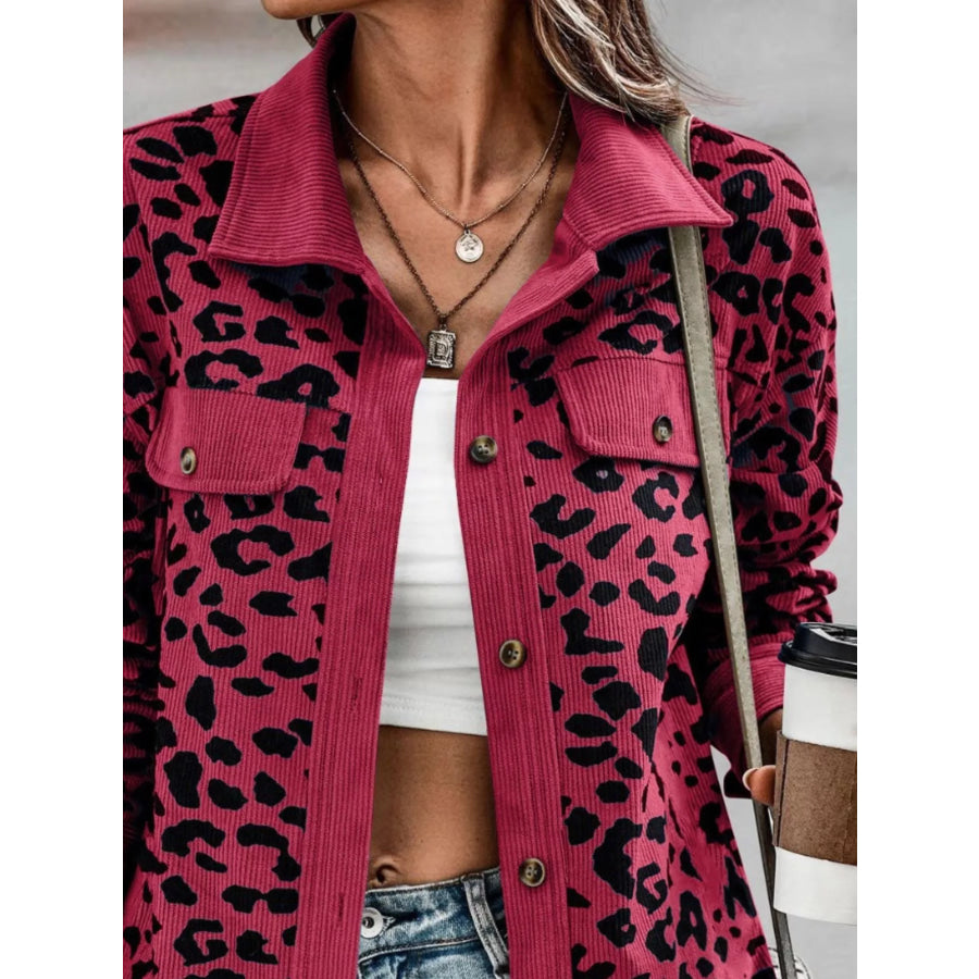 Full Size Leopard Print Button Down Jacket Plus Size